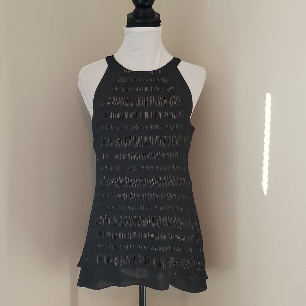 Ladies Top, White House Black Market, Sz 6, Silk, Black, Gold, Tunic Style